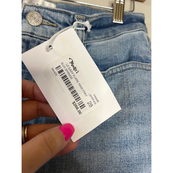 NWT Frame Le Easy Flare Raw Fray Hem Stretch High Rise Jeans Blue Size: 28 - Picture 7 of 9